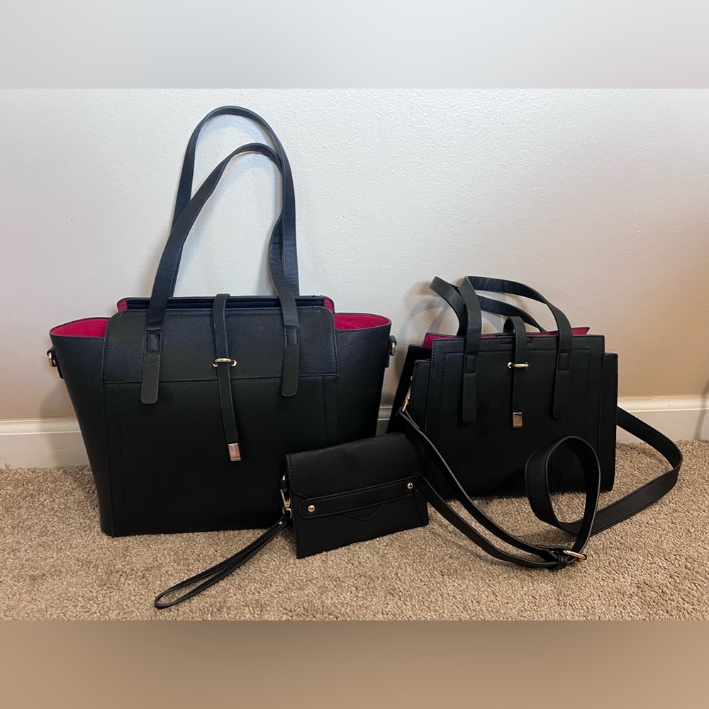Brand new - 3 piece Black leather bucket purse set - Picture 1 of 8